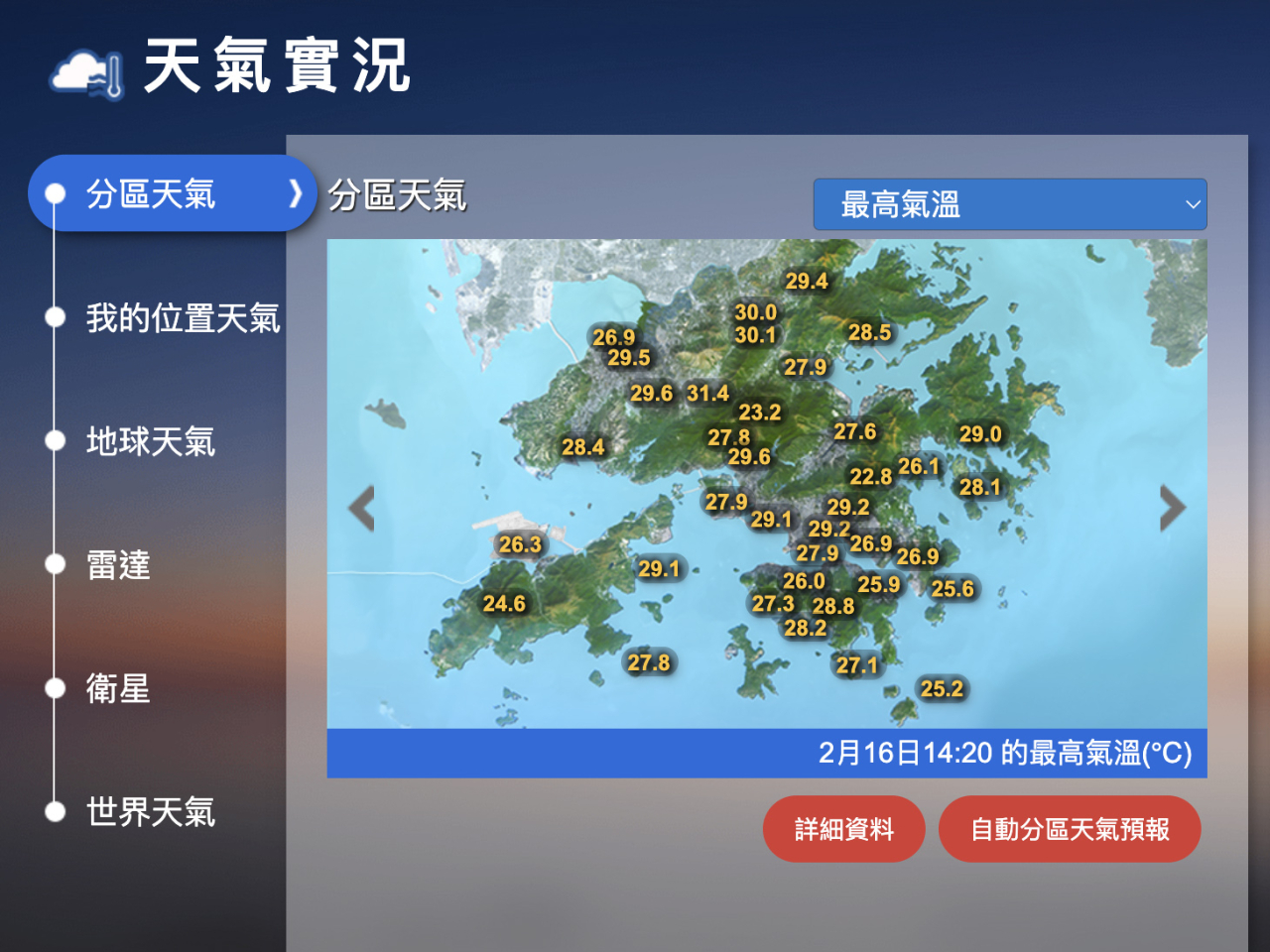 本港下午炎熱，多處地區氣溫上升至28度或以上。（天文台截圖）