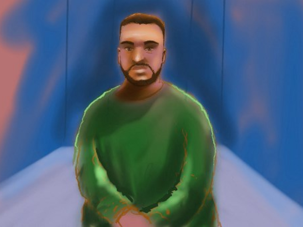 A sketch by artist Rocco Fazzari shows accused Bondi shooter Naveed Akram appearing via video link at Downing Centre Local Court in Sydney. Photo: AFP/Rocco Fazzari