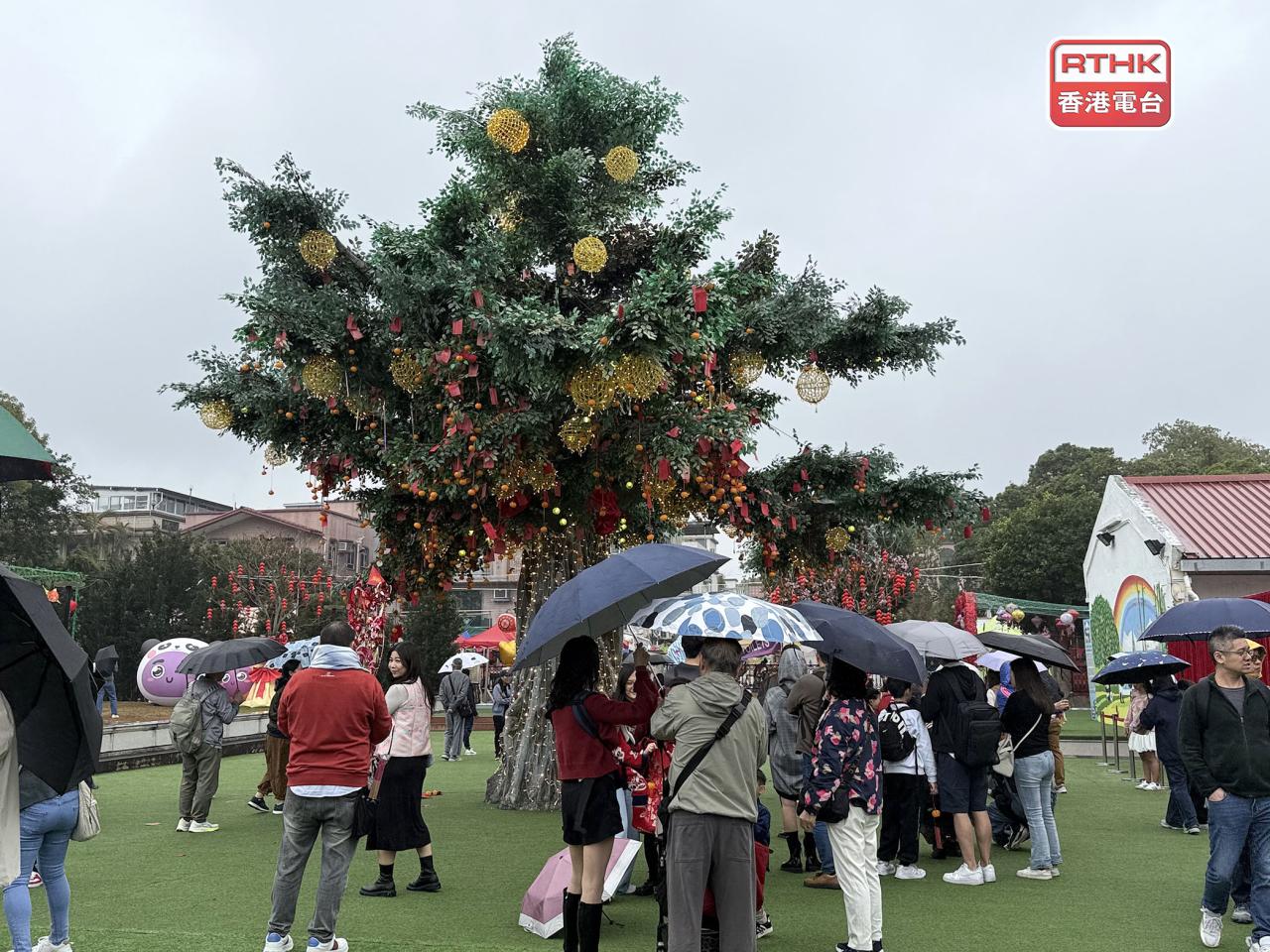 大年初一，大埔林村舉行許願節，大批巿民到場慶祝新歲並拋寶牒祈福。（李俊傑攝）