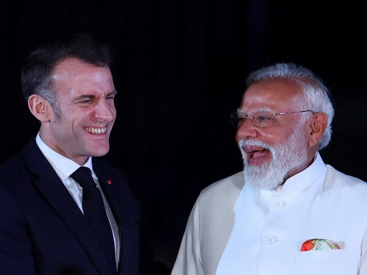 Indian Prime Minister Narendra Modi and French President Emmanuel Macron share a joke at the India-France Year of Innovation event. Photo: Reuters