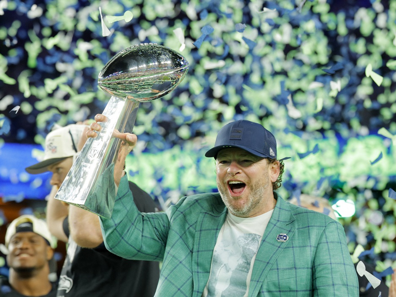 Seattle Seahawks general manager John Schneider celebrates with the Vince Lombardi Trophy. File photo: Reuters