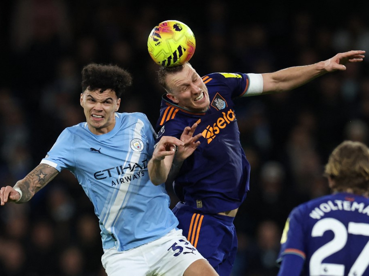 Manchester City's Nico O'Reilly, left, scored a first-half double to secure a 2-1 victory over visitors Newcastle. Photo: AFP