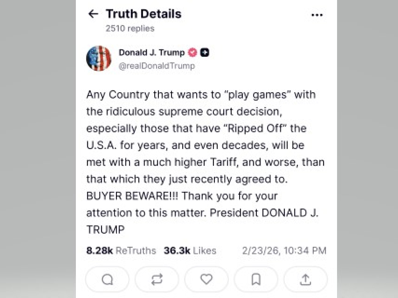 特朗普警告各國不要背棄近期與美國達成的貿易協定。（網絡截圖）