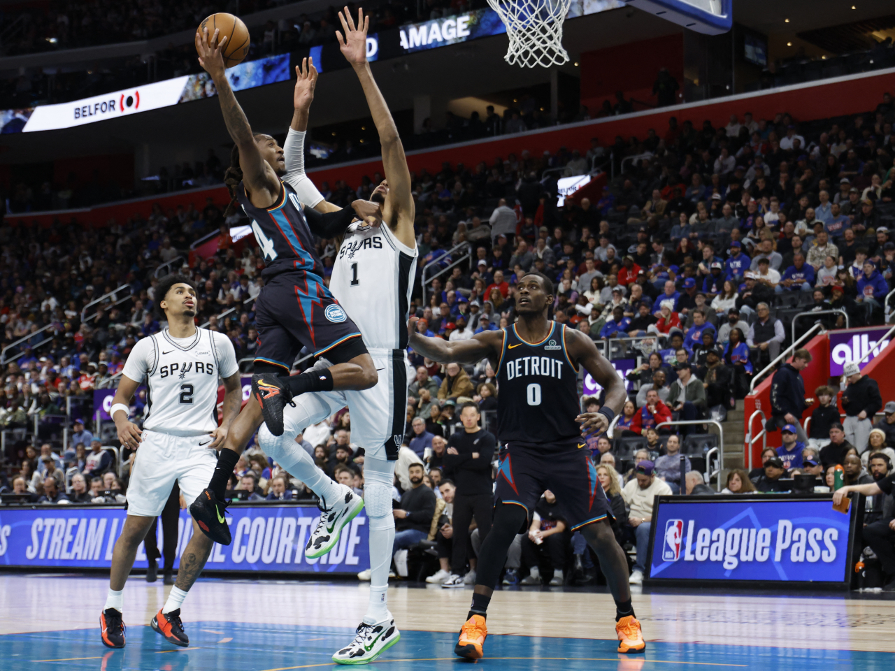 Spurs phenom Victor Wembanyama recorded six blocks to overcome a poor shooting night in Detroit. Photo: Reuters