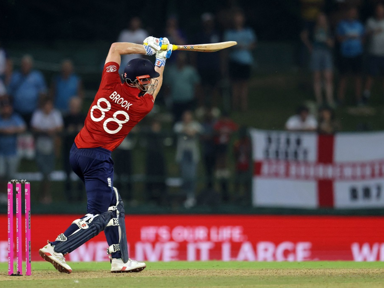 Harry Brook on his way to scoring the second-fastest century in T20 World Cup history. Photo: Reuters