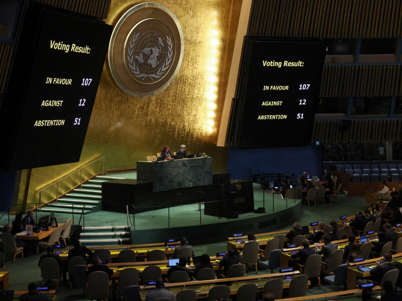 Votes are shown approving a draft resolution in support of lasting peace in Ukraine at the United Nations headquarters in New York. Photo: Reuters