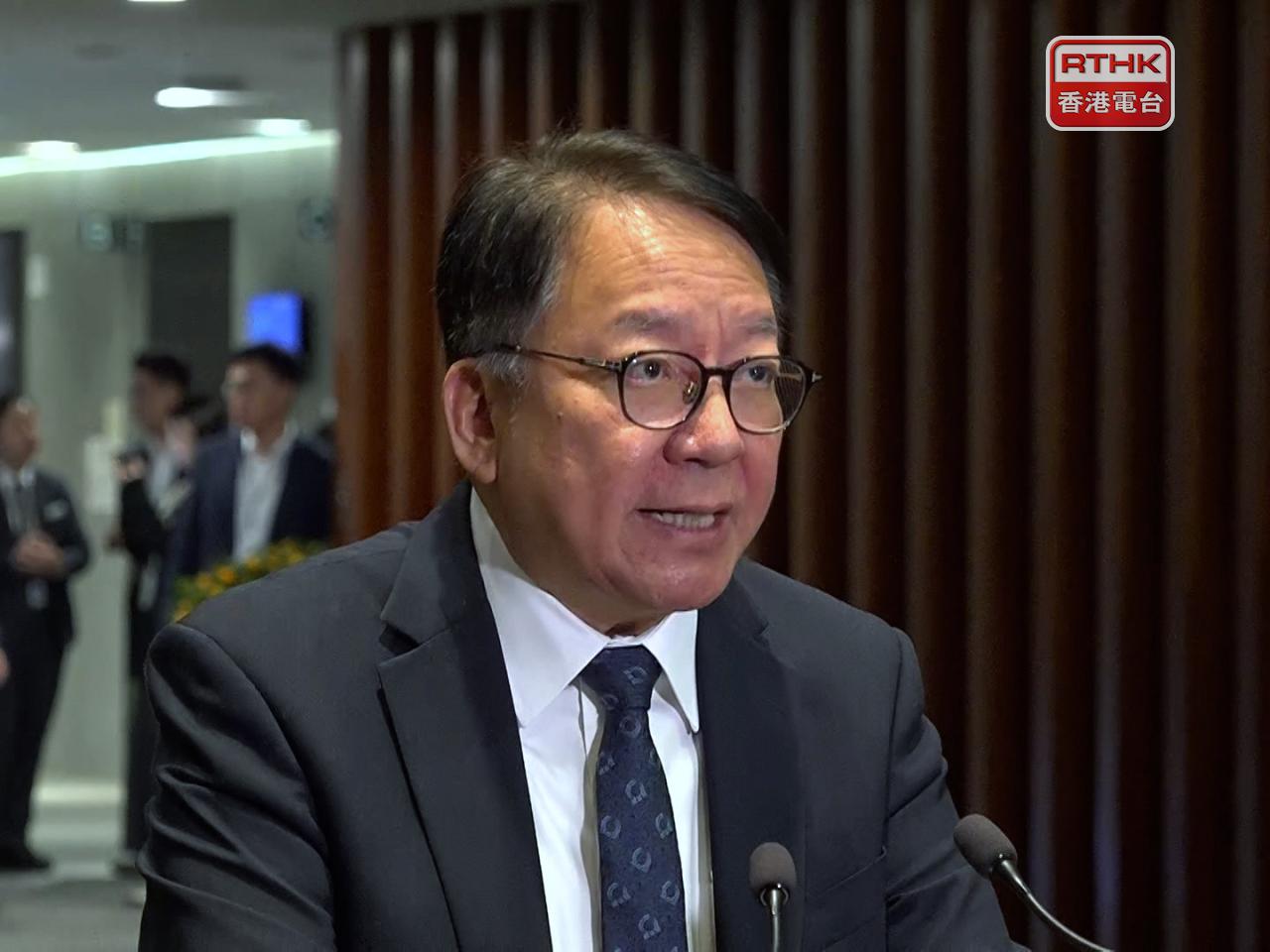 陳國基說，預算案充分顧及政府財政狀況下，適度加強對市民及本地企業的支援，回應社會不同階層需要。（郭志強攝）