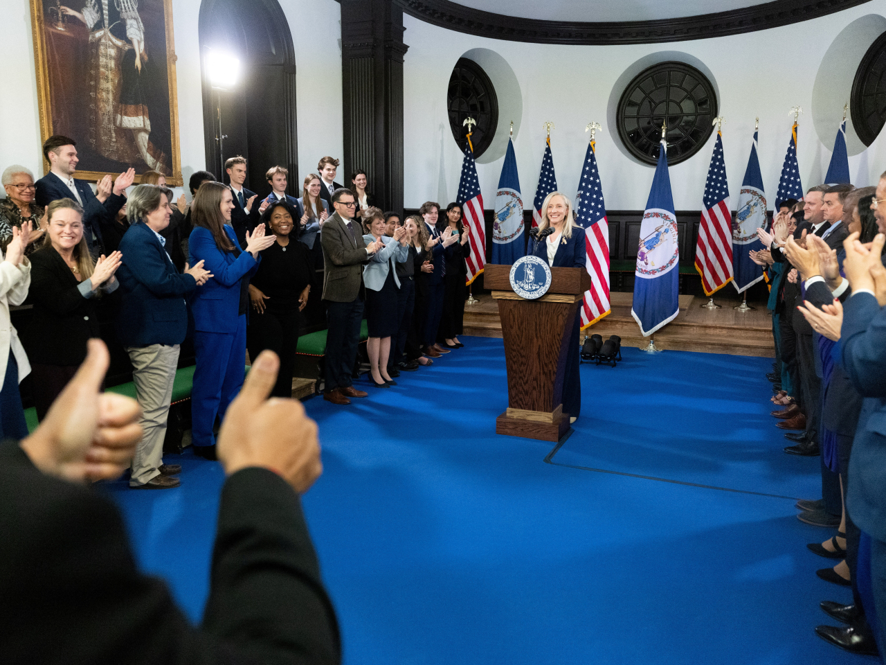 Virginia governor Abigail Spanberger gets a rousing reception following her  party's response to Donald Trump's State of the Union address. Photo: AFP