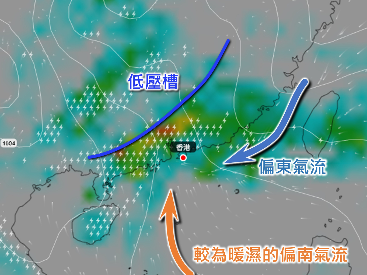 天文台說，偏東氣流與偏南氣流會在周末於珠江口一帶匯聚，有利對流天氣發展。（天文台網站）