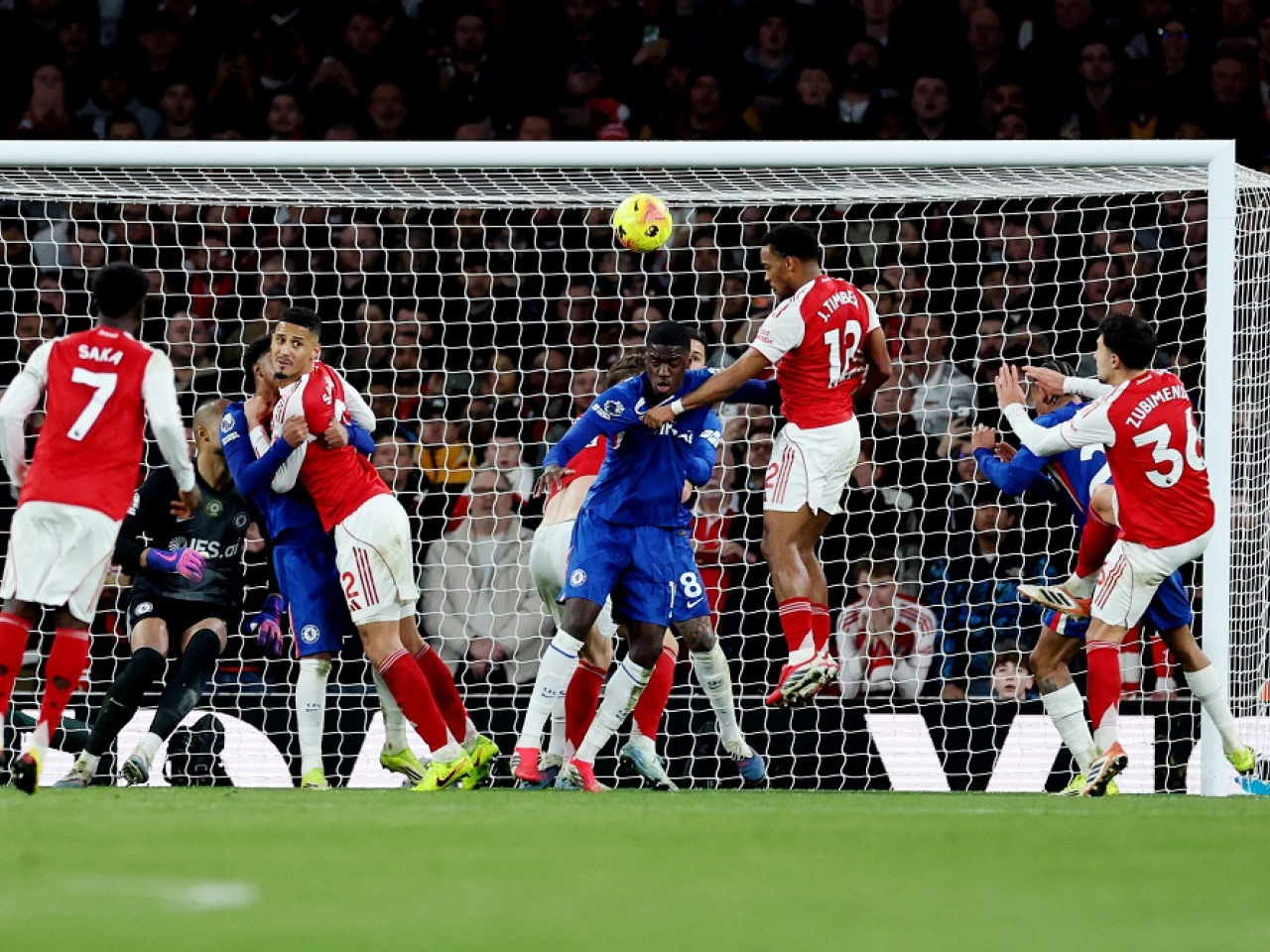 Jurrien Timber gets the winner for the Gunners after Chelsea keeper Robert Sanchez got caught in no-man's land. Photo: Reuters