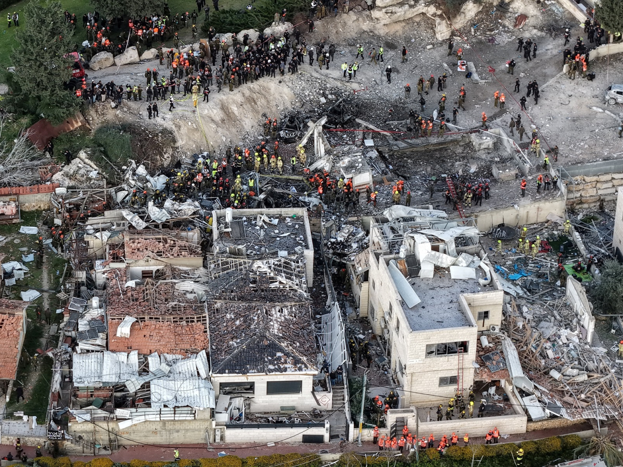 A drone view shows the scene of a fatal Iranian strike on Beit Shemesh in Israel. Photo: Reuters