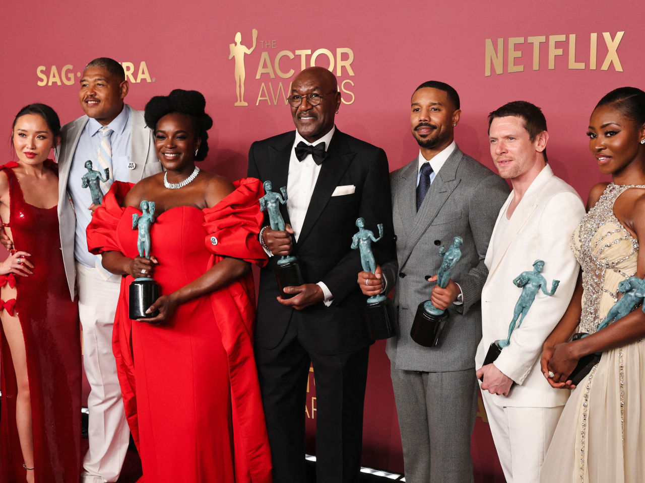 Sinners stars gather following their win for outstanding performance by a cast in a motion picture award in Los Angeles. Photo: Reuters