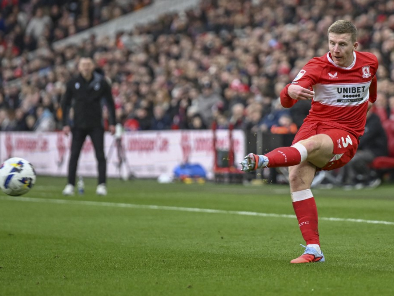 Matt Targett helped cement Boro's place in the automatic promotion spots with a brace in the first half at St Andrew's. File photo: AFP