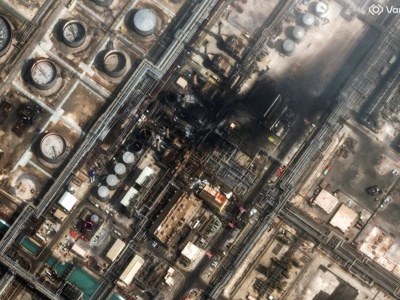 A satellite image shows fire in the Ras Tanura oil refinery in Saudi Arabia after a drone attack. Image: Vantor via Reuters