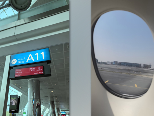 港人黃先生向本台表示，已成功登上迪拜往香港直航航班，冀順利晚上抵港。（受訪者提供）