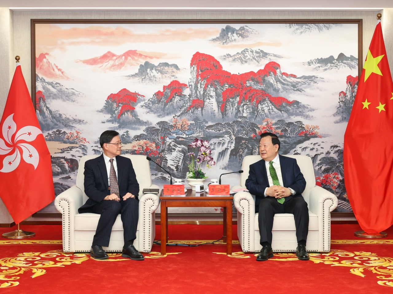 Hong Kong and Macao Affairs Office Director Xia Baolong meets Chief Executive John Lee in Beijing. Photo courtesy of the Hong Kong and Macao Affairs Office