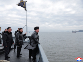 DPRK leader Kim Jong Un sails on board the Choe Hyon naval destroyer during a visit to inspect the vessel at the Nampho Shipyard. Photo: KCNA via Reuters