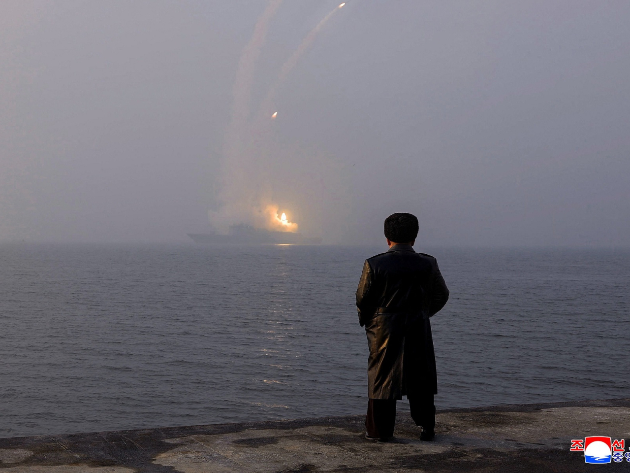 Kim oversees a missile test launch conducted by the Choe Hyon naval destroyer. Photo: KCNA via Reuters