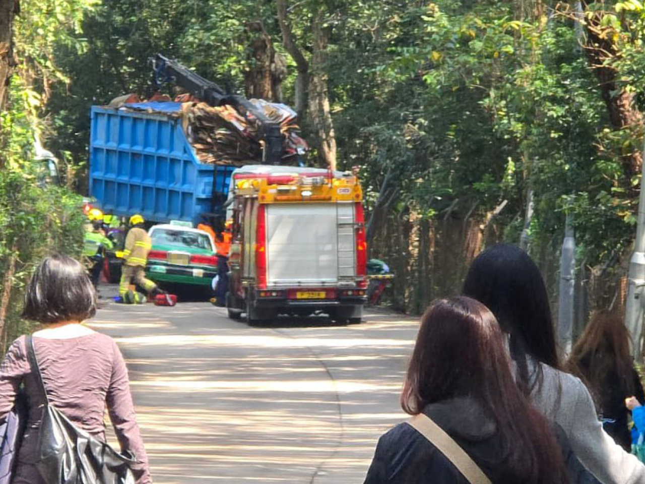 Online footage shows rescuers at the scene of the collision between the taxi and a 16-tonne truck on Fan Kam Road.