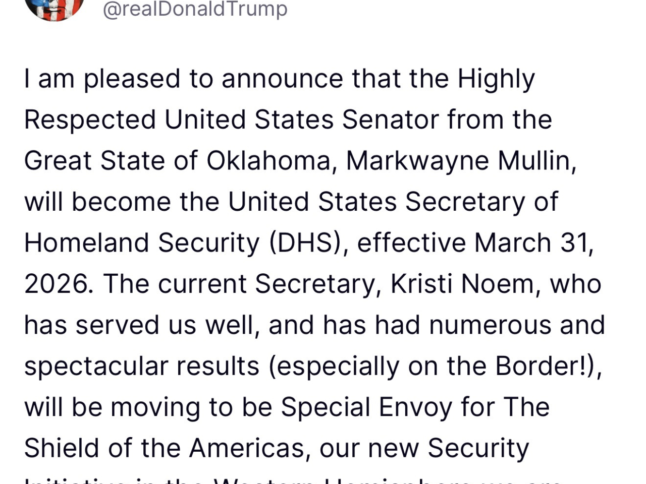特朗普在社交平台宣佈參議員馬林接任國土安全部長。(網絡截圖)