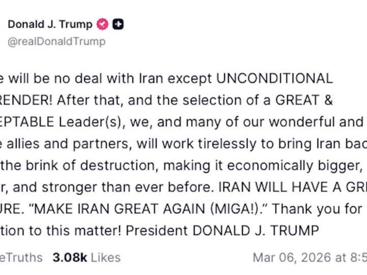 特朗普星期五在社交平台發文，表明除非伊朗無條件投降，否則不會與伊朗達成協議。（路透社）