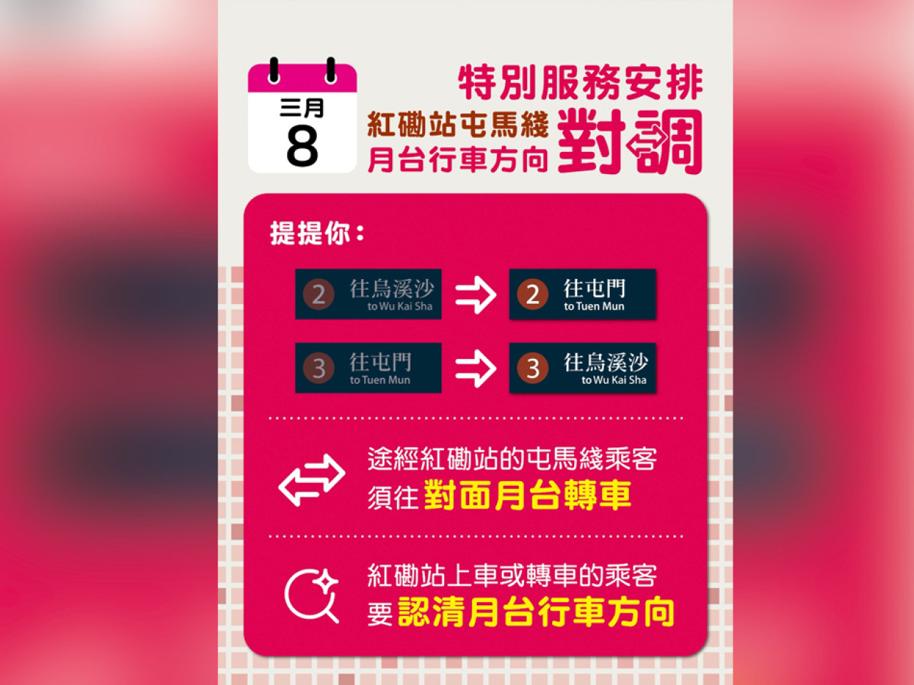 港鐵提醒明天乘搭屯馬綫途經紅磡站的乘客，需在該站下車，往對面月台轉車繼續行程。（港鐵提供）