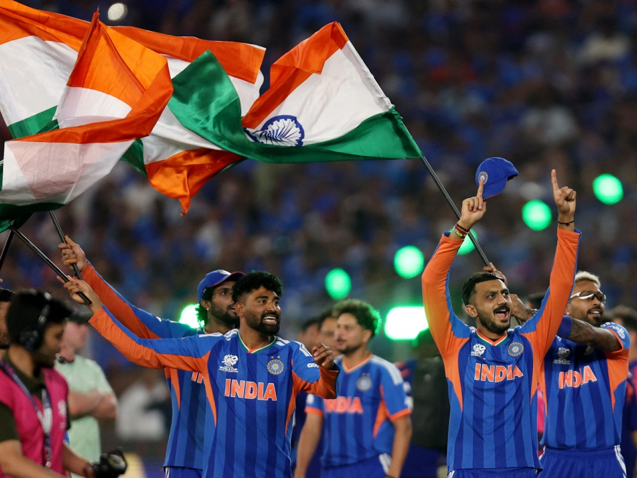 India celebrate their record-breaking third T20 World Cup title. Photo: Reuters