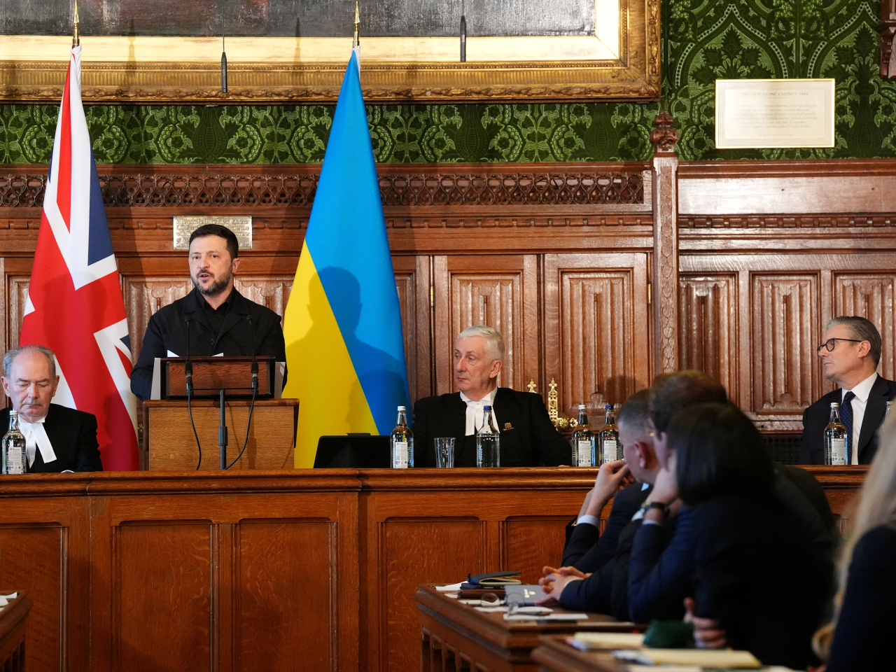 連斯基在英國國會發表演講。(路透社)