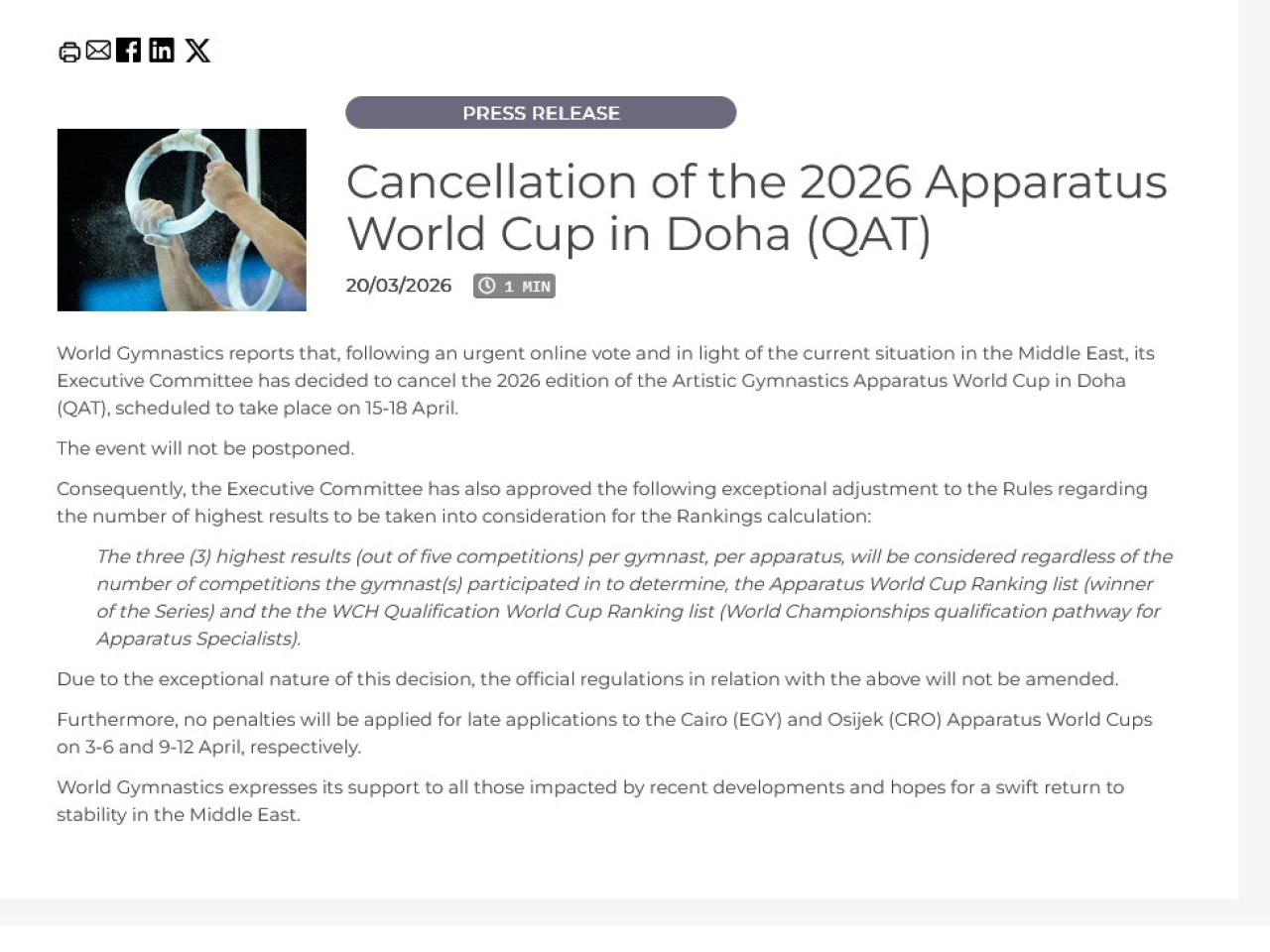 世界體操聯合會公布，取消原定於下月舉行的世界盃多哈站比賽。(網絡截圖)