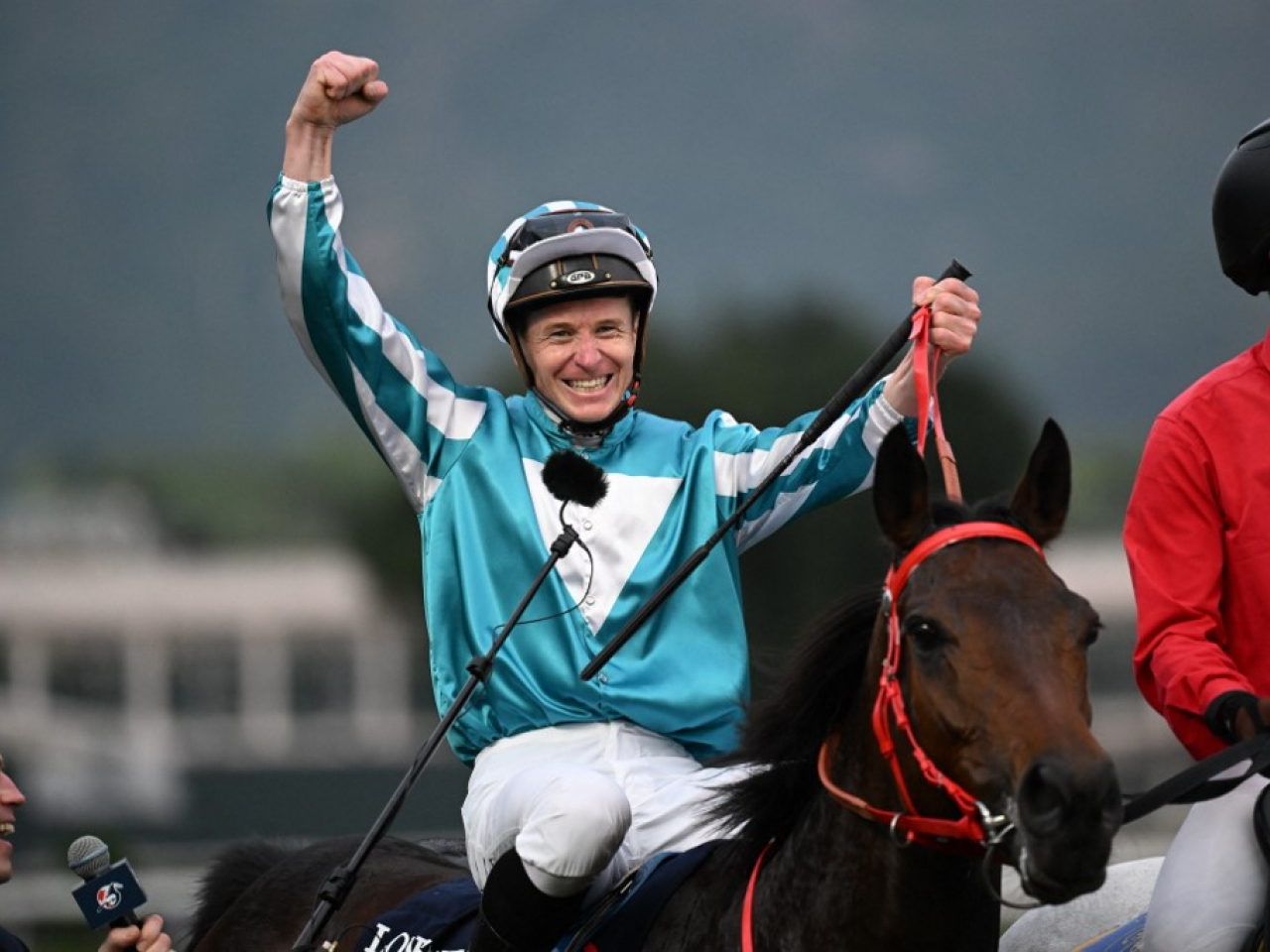 James McDonald celebrates after winning the Hong Kong Cup race in Sha Tin on December 10, 2023. File photo: AFP