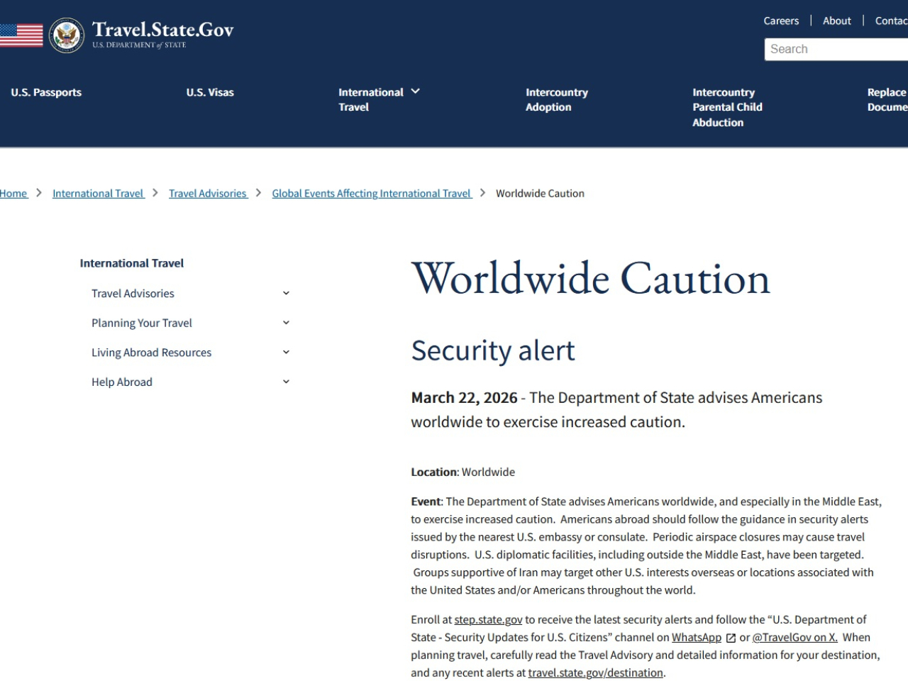 美國建議全球各地的美國公民、特別是身處中東地區的公民提高警惕。（美國國務院網頁截圖）