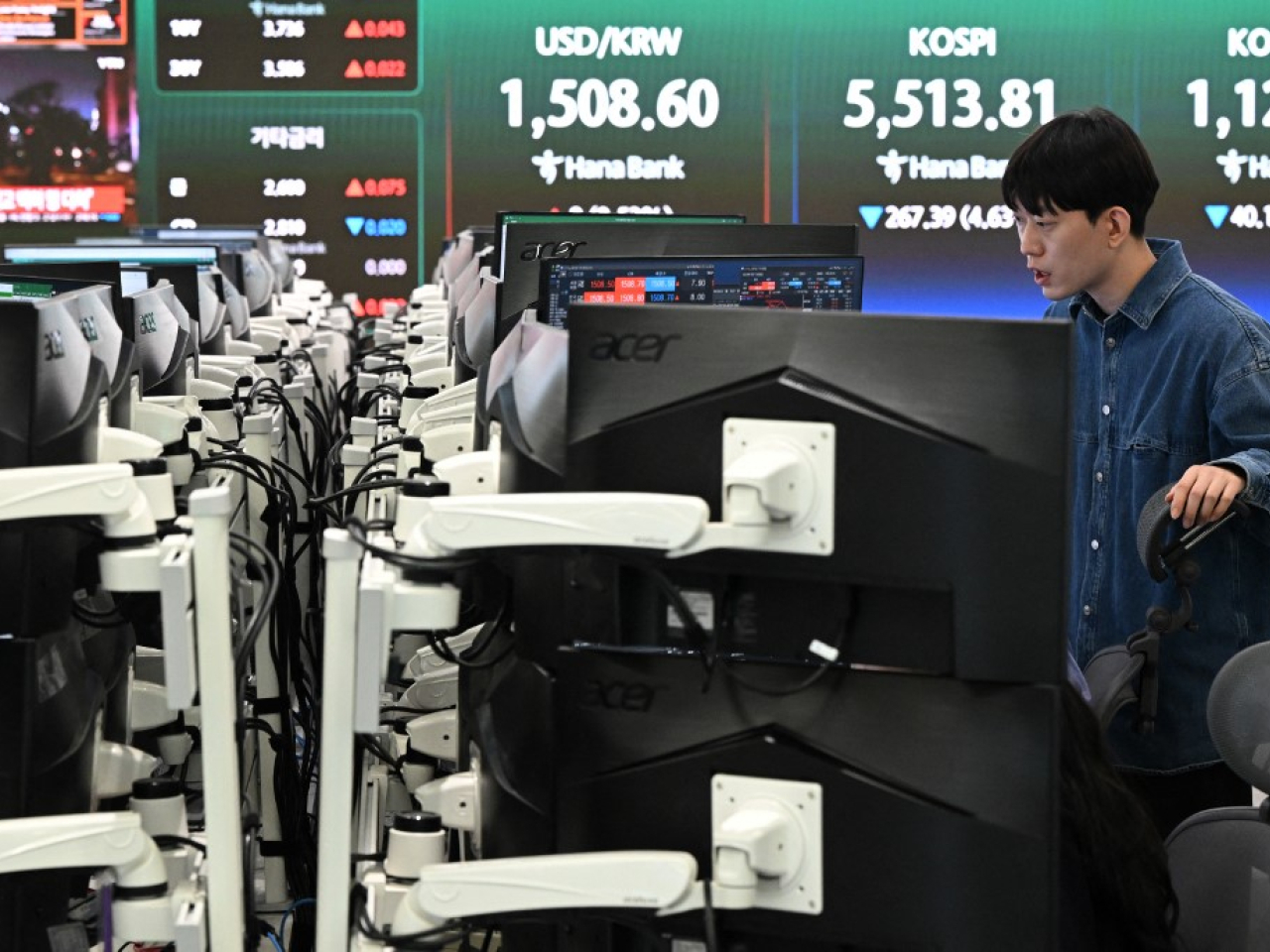 A currency trader monitors foreign exchange rates as the Kospi slides towards its close of 5,405 on Monday, down 375 points or 6.49 percent. Photo: AFP