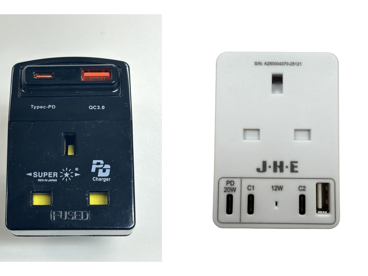 機電工程署呼籲市民停用一款Super牌適配接頭（型號：N13USB3A）（左）及一款JHE牌適配接頭（型號：JHE-SU082PD）（右）。（政府新聞處）