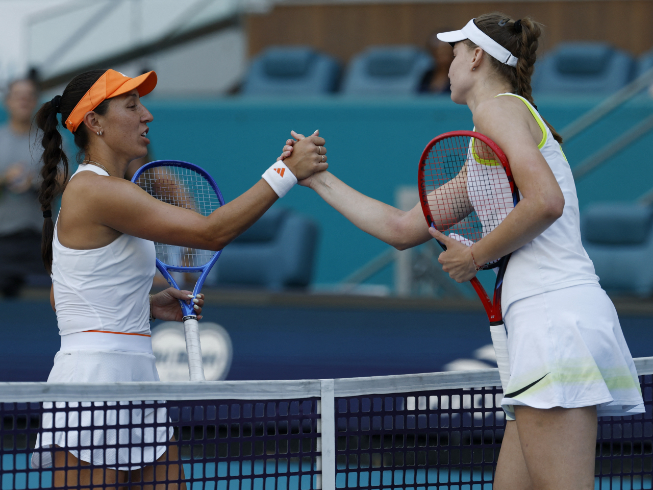 Reigning Australian Open champion Rybakina, right, rallied from a set down to oust fifth-seeded Jessica Pegula. Photo: Reuters