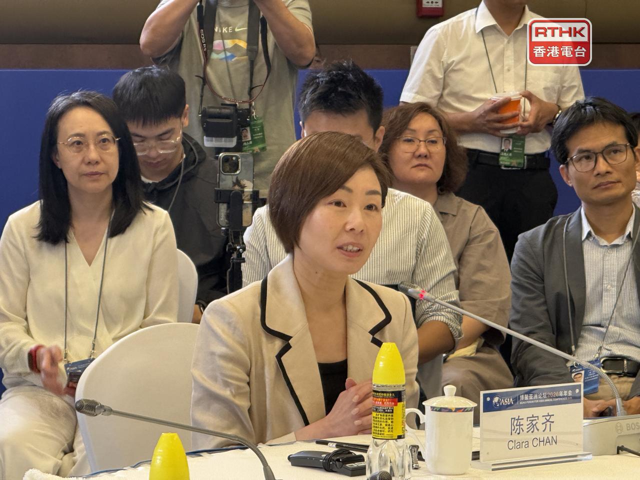 陳家齊表示，港投公司至今內部回報率達到雙位數，每1元的投資帶動超過8元的資本跟投。（趙嘉駿攝）