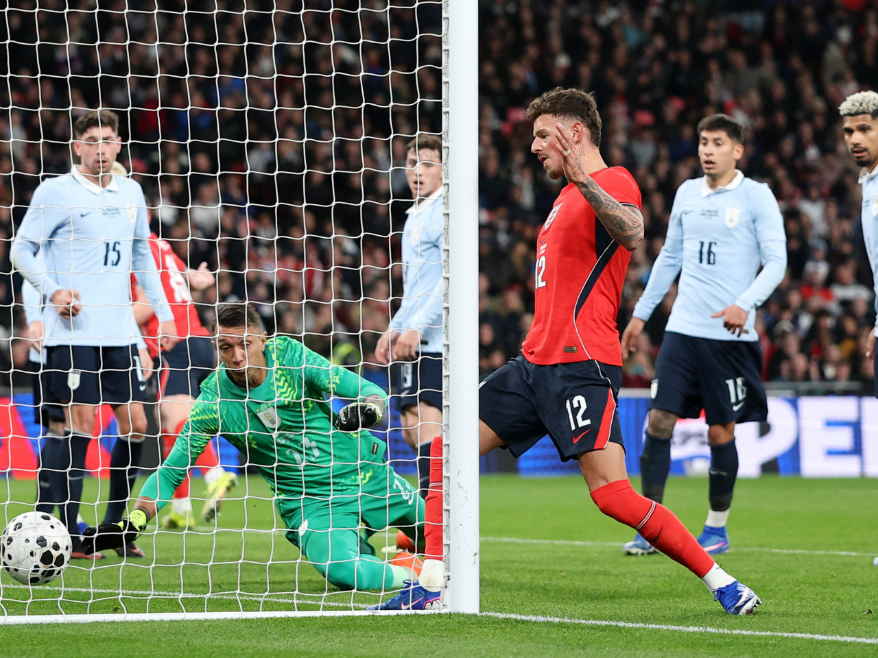 Ben White taps in the goal for England in the 1-1 draw against Uruguay at Wembley Stadium in London. Photo: Reuters