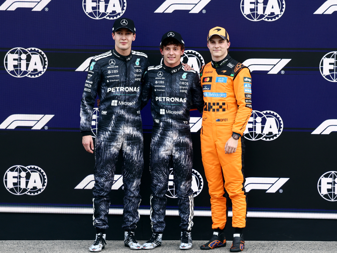 Kimi Antonelli is in the frame for a second grand prix triumph along with teammate George Russell and third-placed Oscar Piastri. Photo: Reuters