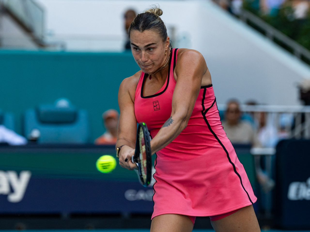 Aryna Sabalenka hits a backhand against Coco Gauff in the Miami Open final. Photo: Mike Frey-Imagn Images via Reuters