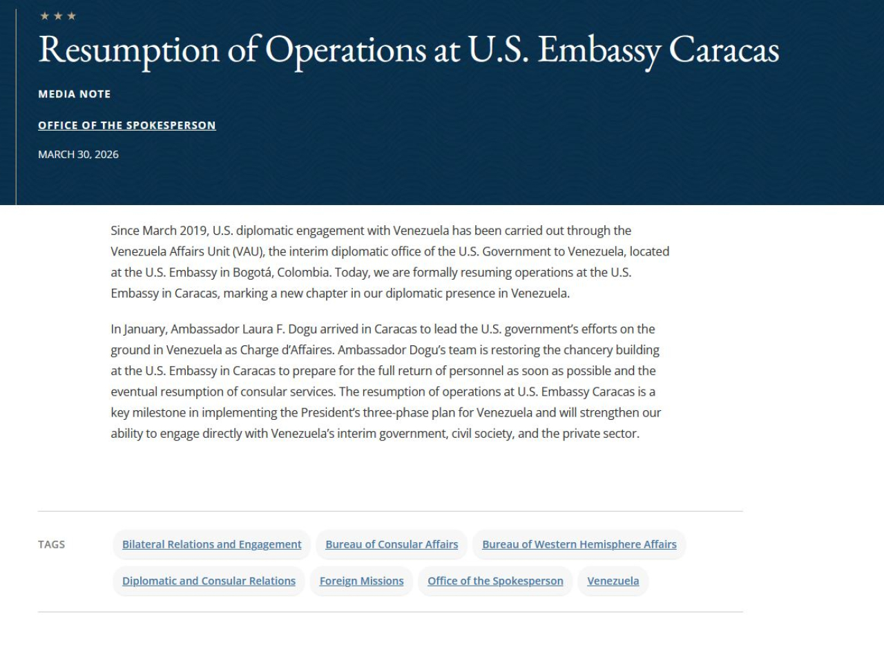 美國國務院的聲明說，大使館恢復運作，標誌著美國在委內瑞拉的外交存在進入新階段。（美國國務院網頁）
