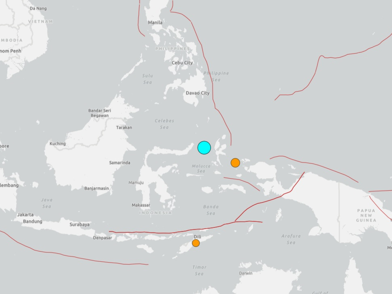 The United States Geological Survey (USGS) said the 7.4-magnitude quake was centred about 120 km from the city of Ternate in Indonesia's North Maluku province. Image courtesy of USGS