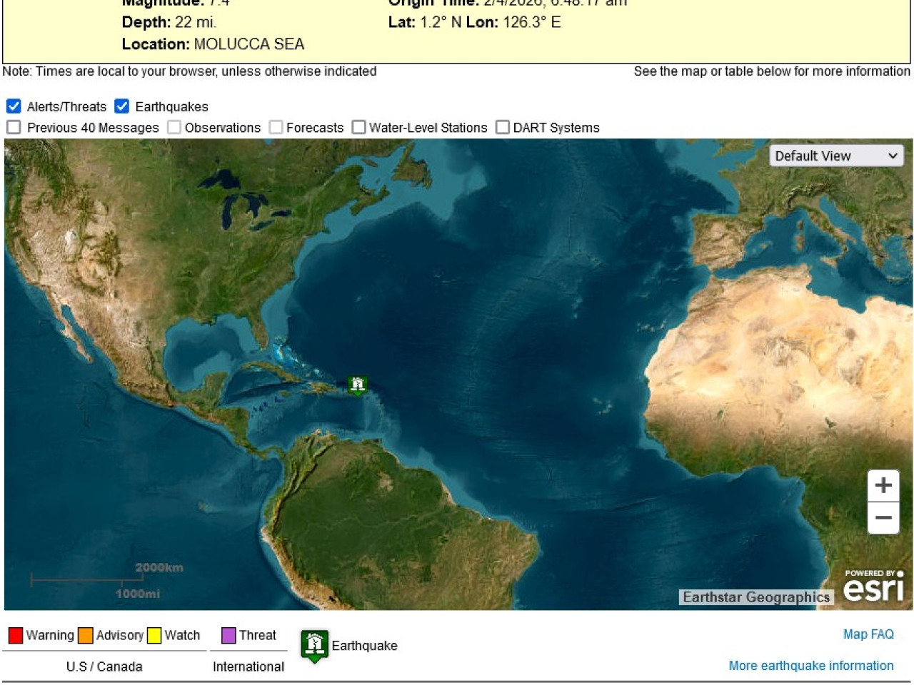 美國海嘯預警中心表示，印尼部分沿海地區可能出現0.3至1米的海嘯。（網絡截圖）