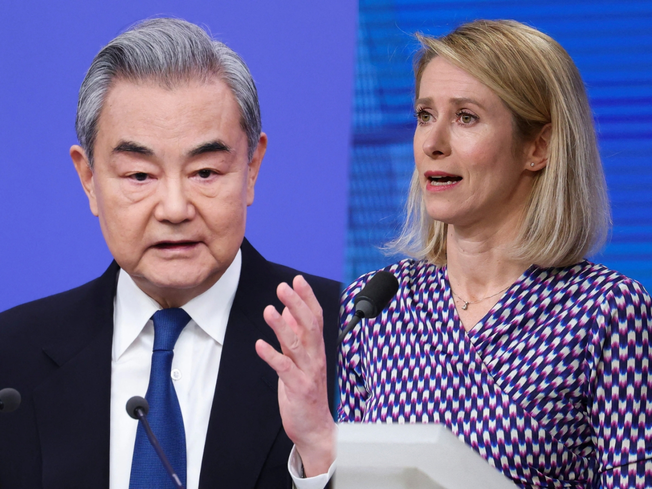 Wang Yi has urged Kaja Kallas to help uphold the UN-centred international system and the international order based on international law. File photos: Reuters