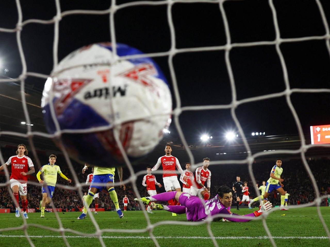 Southampton's Shea Charles scores their second goal past Arsenal's Kepa Arrizabalaga. Photo: Reuters