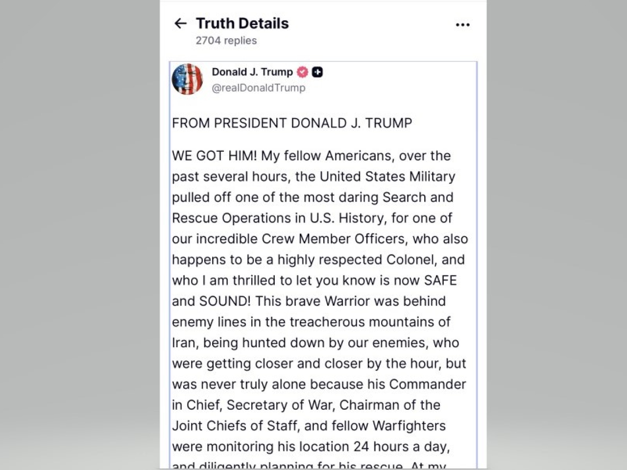 特朗普在社交平台發文說，成功營救在伊朗失蹤的第二名美軍機師。（網絡截圖）