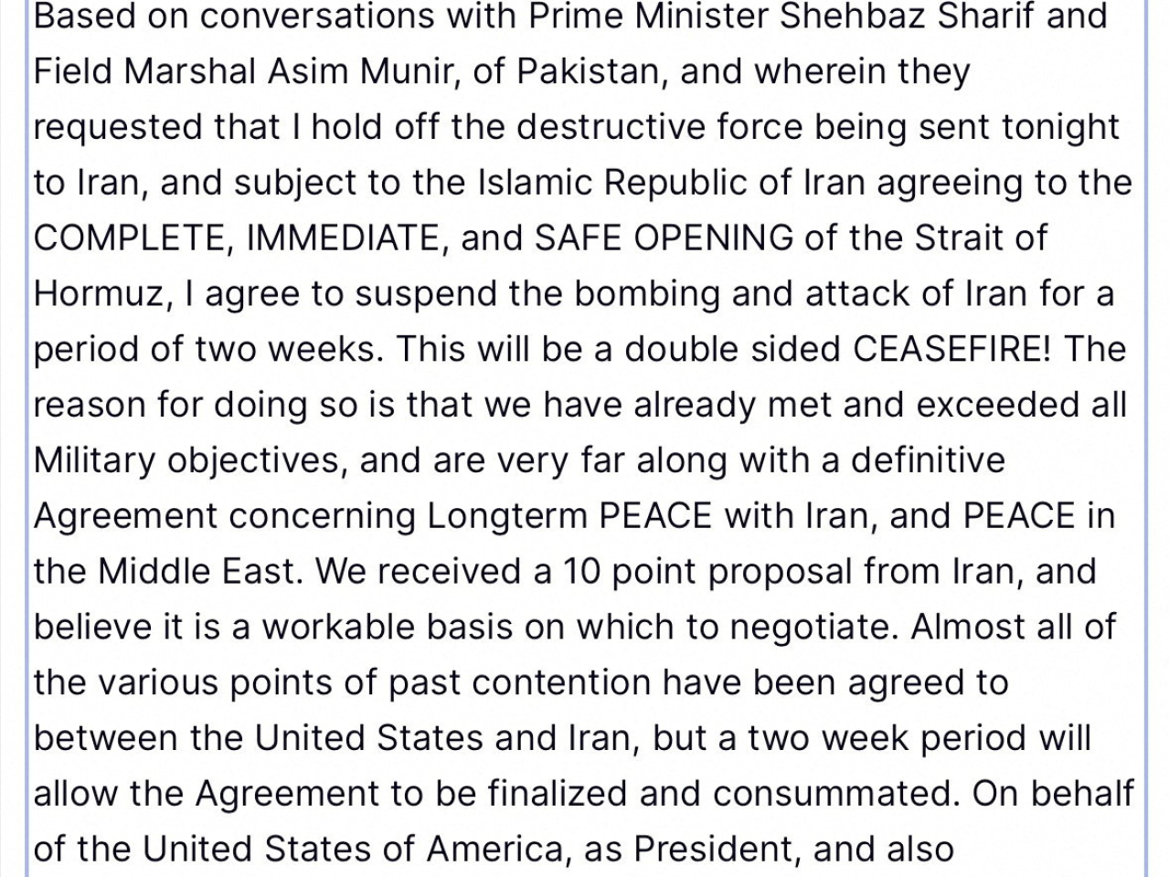 特朗普同意暫停對伊朗的轟炸和攻擊行動，為期兩星期。（路透社）