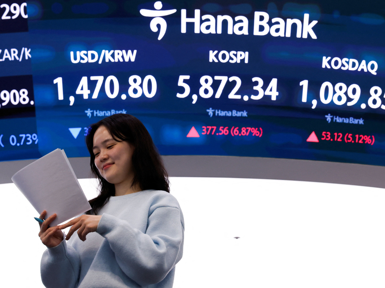 首爾綜合指數收報5872點，升幅約6.9%，創3星期收市新高。（路透社）