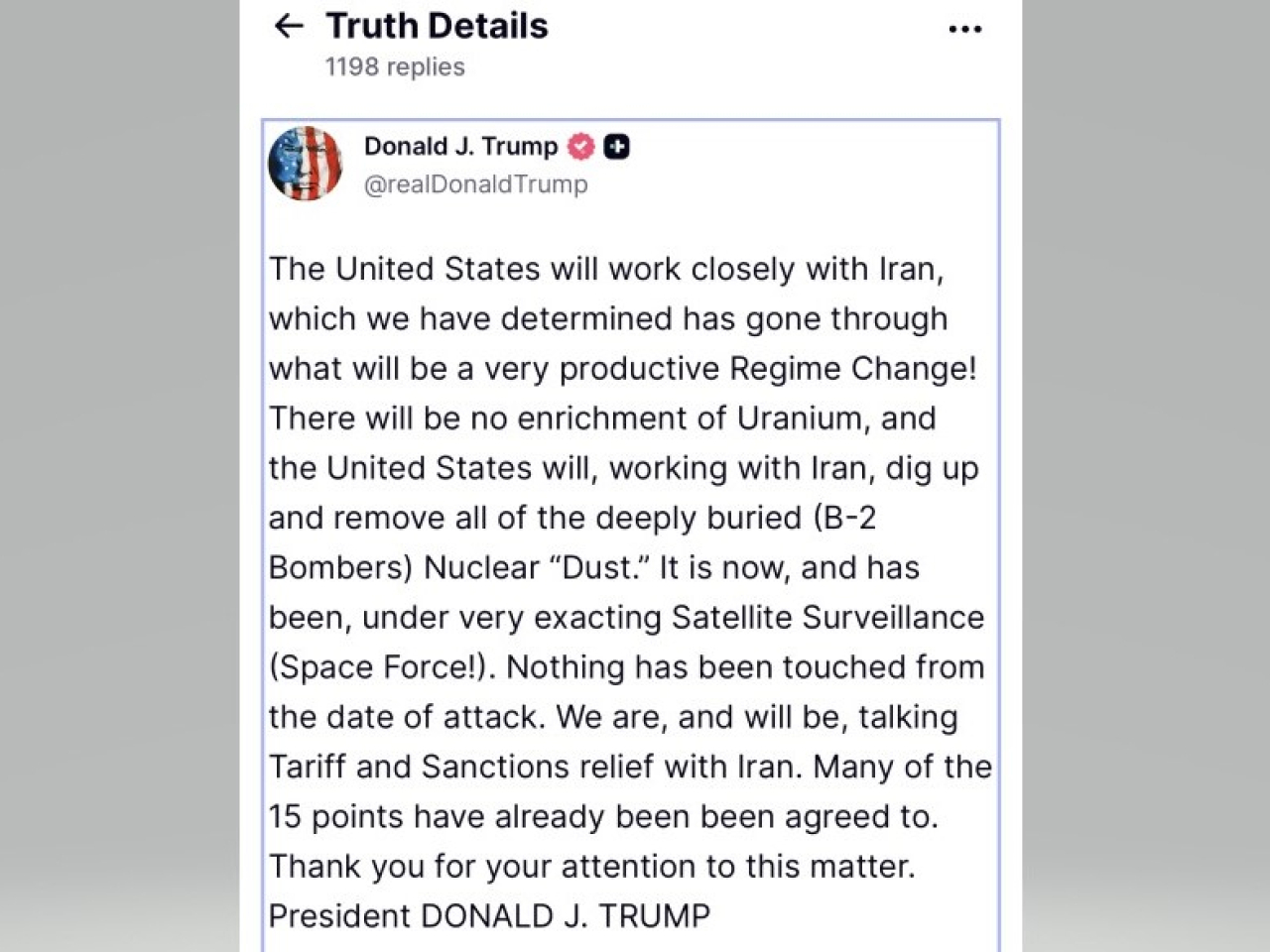 特朗普認為伊朗已經完成一次非常富有成效的政權更迭。（網絡截圖）