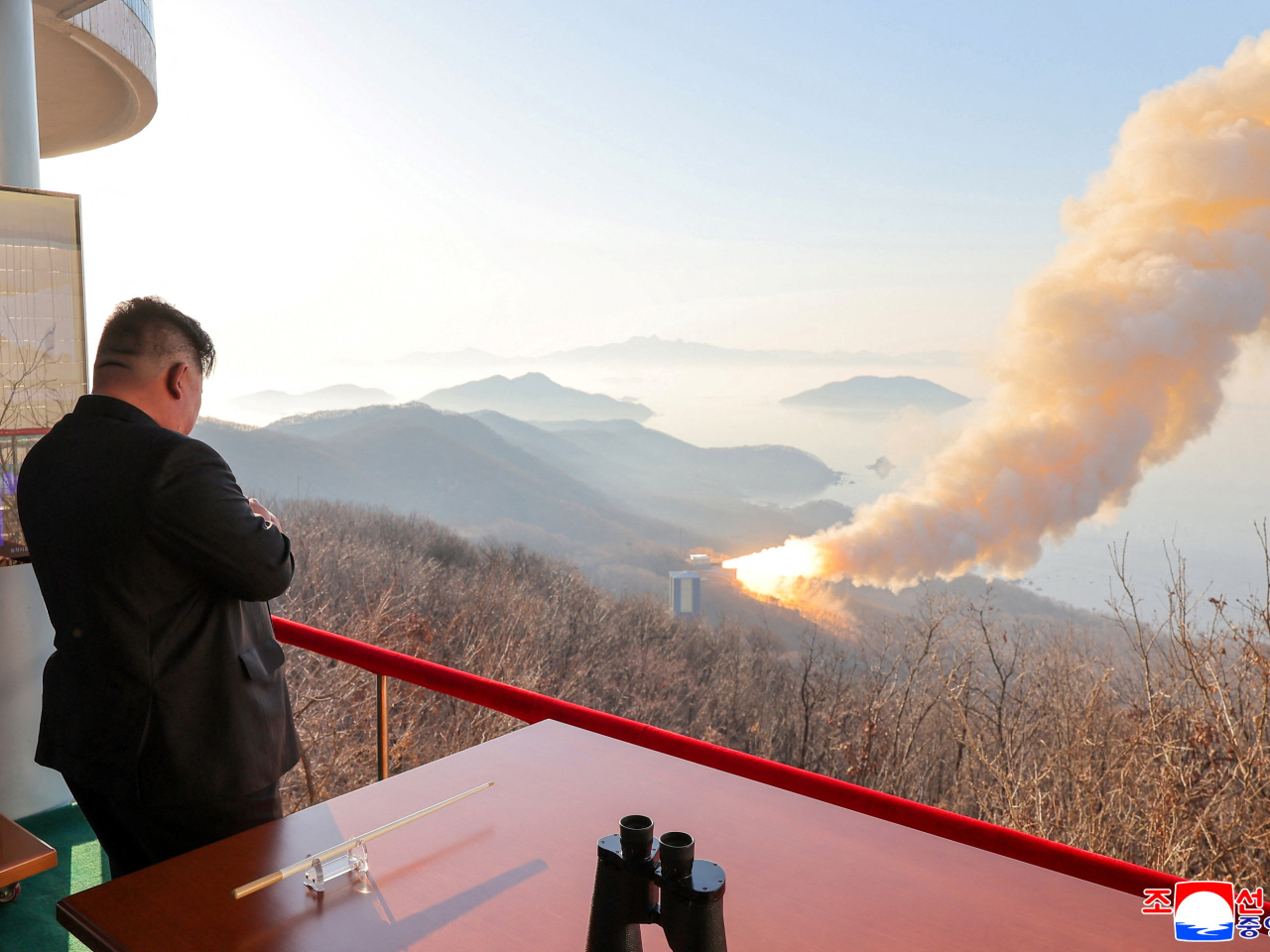 Kim Jong-un observes a test of a high-output solid-fuel engine using carbon fibre composite material. File photo: Reuters