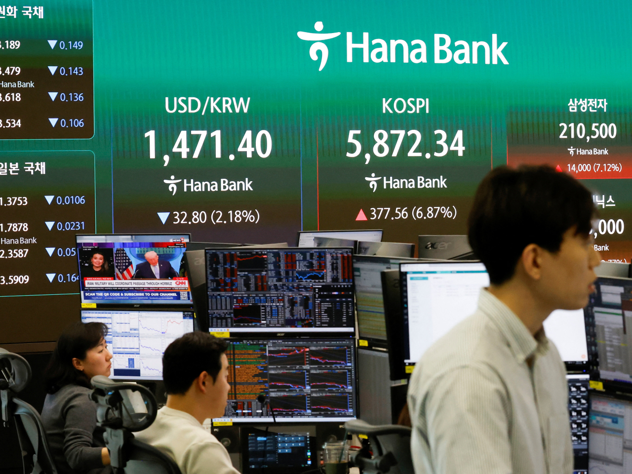 The Korea Composite Stock Price closed up 80 points, or 1.4 percent, at 5,858 on Friday to bring its gains for the week to almost nine percent. File photo: Reuters