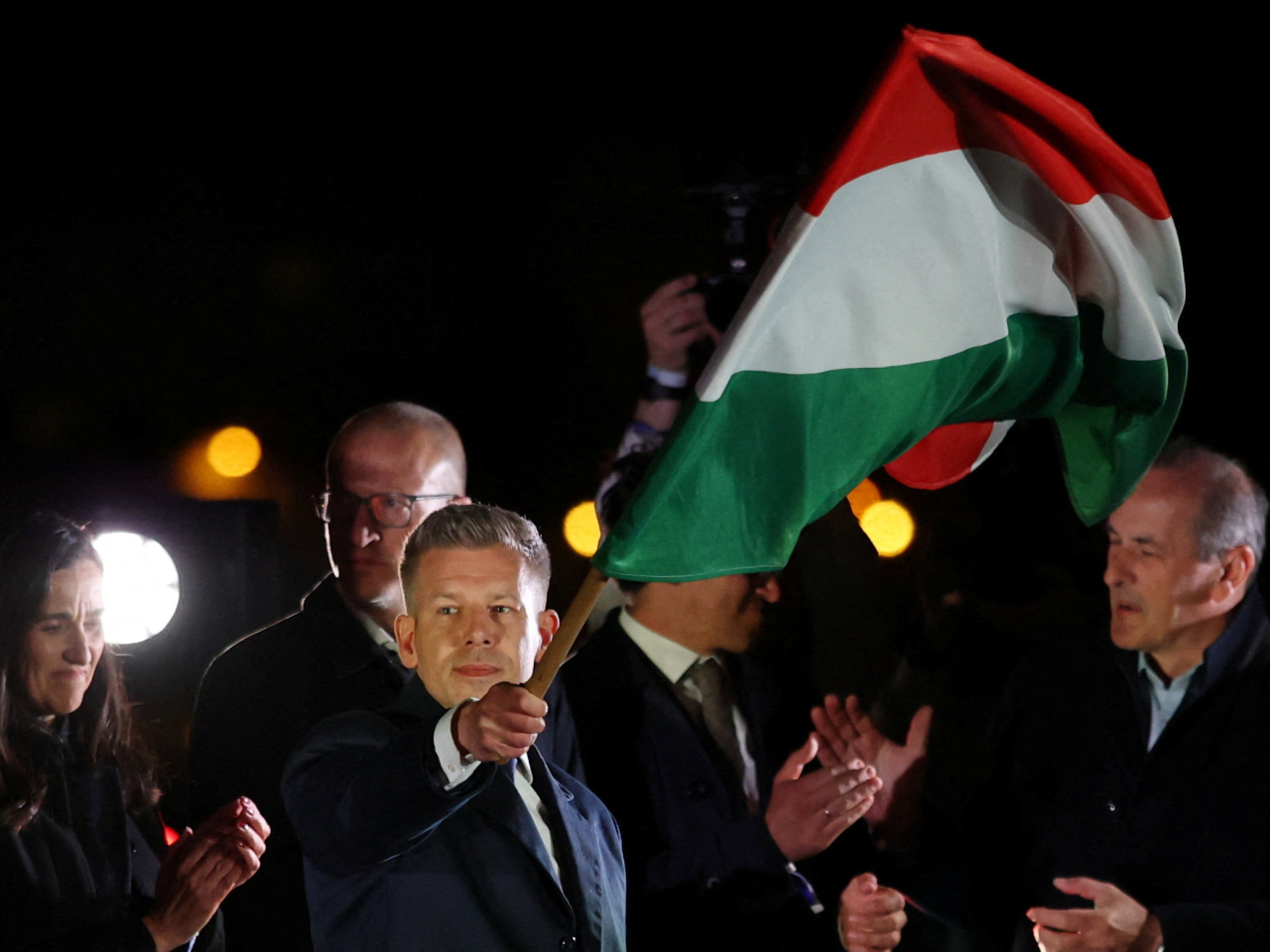 Hungarian opposition leader Peter Magyar celebrates, after Prime Minister Viktor Orban conceded defeat in Budapest. Photo: Reuters